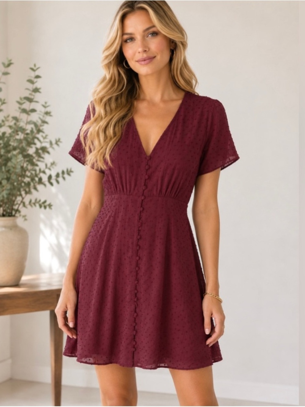 Madewell Button-Front Swing Dress in Swiss Dot - Size 0 - Maroon